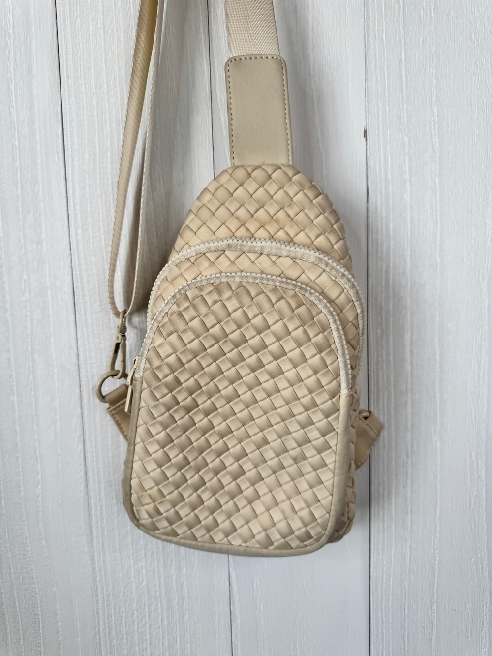 Sol and Selene Beyond The Horizon Woven Neoprene Sling Backpack in cream
